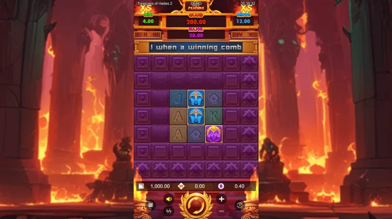 Treasures of Hades 2 — Rectangle Gamesの3×3リールと20のベッティングラインを備えたスロットのメインゲーム画面